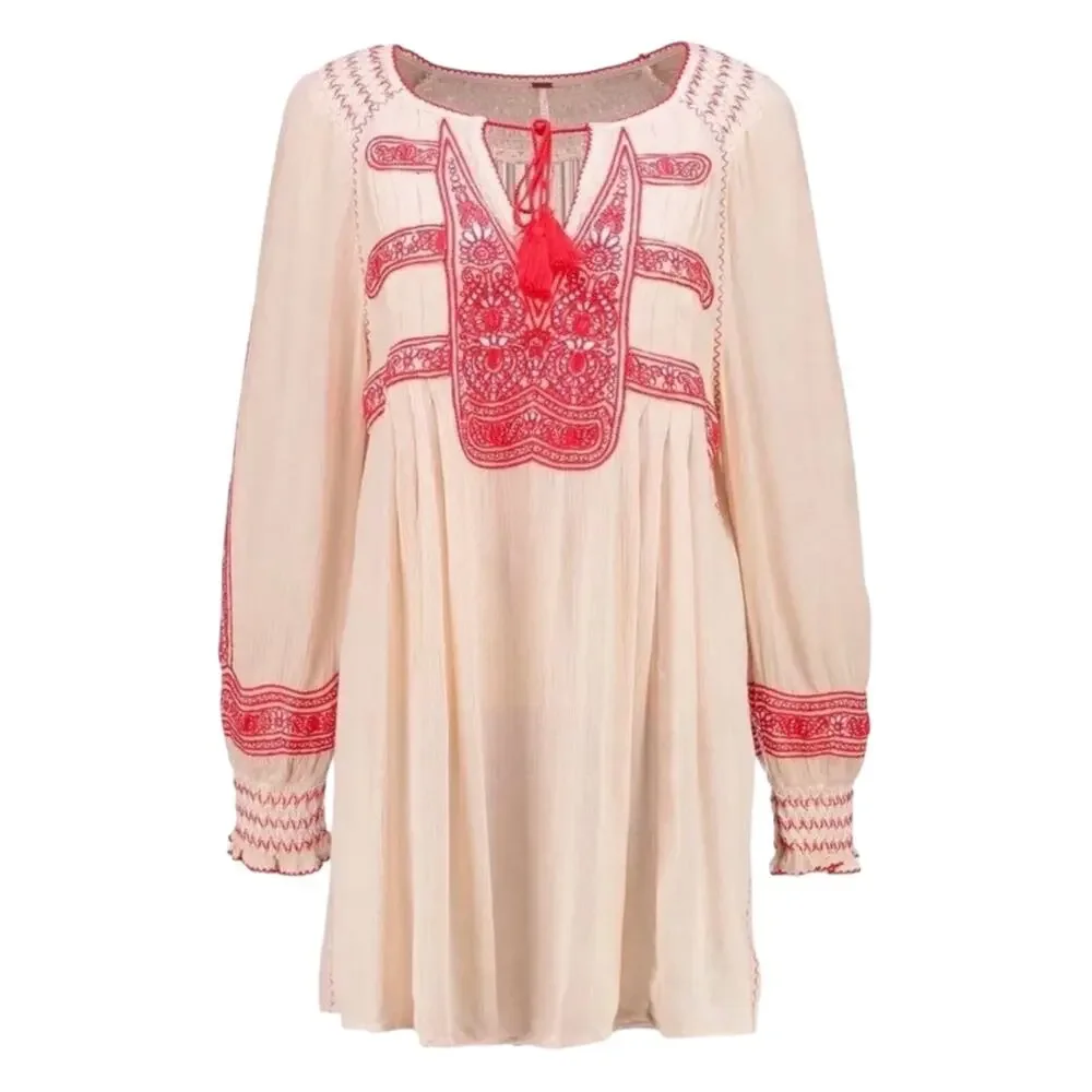 Free People Wind Willow Embroidered Boho Mini Peasant Tassel Indie Dress Size S